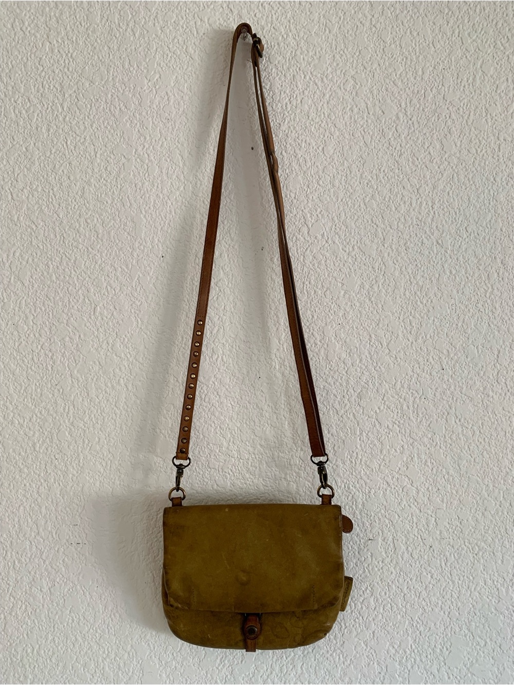Olive Suede Crossbody Bag with Brown Leather Strap